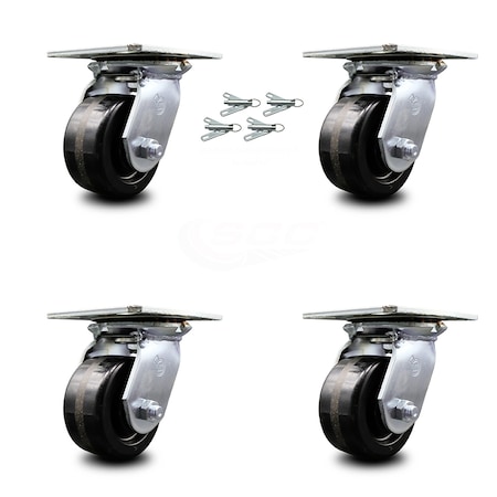 Service Caster 4 Inch Phenolic Caster Set with Roller Bearings and Swivel Locks SCC-35S420-PHR-BSL-4